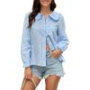 imageECOWISH Womens Button Up Shirt  Peter Pan Collar Frilled Short Sleeve Summer Tops Casual Cotton Retro Floral Blouse3461 White Blue