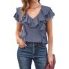 imageECOWISH Womens Floral Blouses 2025 Summer Ruffle Short Sleeve V Neck Shirts Casual Business Work Boho TopsGrey Blue