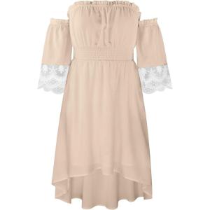 imageECOWISH Women Summer Off Shoulder Midi Cottagecore Dress Western Country Renaissance Peasant High Low Costume 34 Sleeve 2025Beige