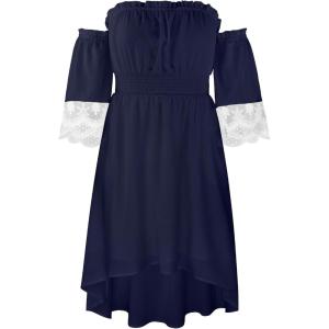 imageECOWISH Women Summer Off Shoulder Midi Cottagecore Dress Western Country Renaissance Peasant High Low Costume 34 Sleeve 2025Navy Blue