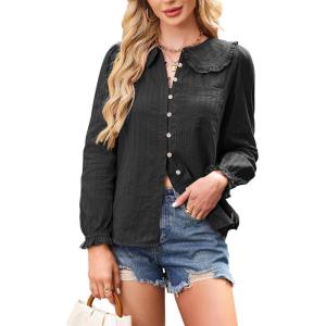 imageECOWISH Womens Button Up Shirt  Peter Pan Collar Frilled Short Sleeve Summer Tops Casual Cotton Retro Floral Blouse3461 Black