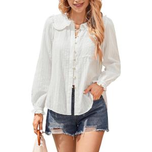 imageECOWISH Womens Button Up Shirt  Peter Pan Collar Frilled Short Sleeve Summer Tops Casual Cotton Retro Floral Blouse3461 White