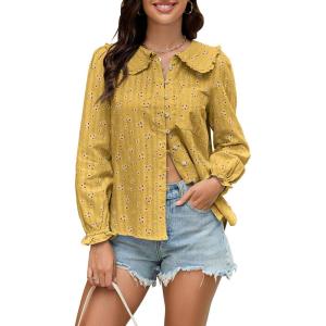 imageECOWISH Womens Button Up Shirt  Peter Pan Collar Frilled Short Sleeve Summer Tops Casual Cotton Retro Floral Blouse3461 Yellow