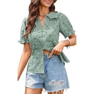 imageECOWISH Womens Button Up Shirt  Peter Pan Collar Frilled Short Sleeve Summer Tops Casual Cotton Retro Floral BlouseGreen