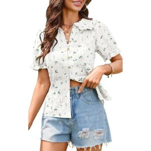 imageECOWISH Womens Button Up Shirt  Peter Pan Collar Frilled Short Sleeve Summer Tops Casual Cotton Retro Floral BlouseWhite Green