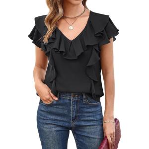 imageECOWISH Womens Floral Blouses 2025 Summer Ruffle Short Sleeve V Neck Shirts Casual Business Work Boho TopsBlack