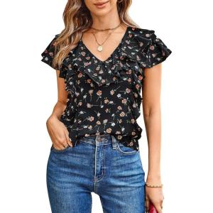imageECOWISH Womens Floral Blouses 2025 Summer Ruffle Short Sleeve V Neck Shirts Casual Business Work Boho TopsBlack Floral