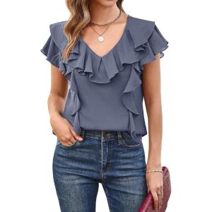 imageECOWISH Womens Floral Blouses 2025 Summer Ruffle Short Sleeve V Neck Shirts Casual Business Work Boho TopsGrey Blue
