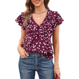 imageECOWISH Womens Floral Blouses 2025 Summer Ruffle Short Sleeve V Neck Shirts Casual Business Work Boho TopsWine Red