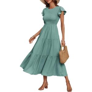 imageECOWISH Womens Summer Dresses 2025 Elegant Lady Wedding Guest Cocktail Ruffle Cap Sleeves ALine Office Midi Dress297 Light Green