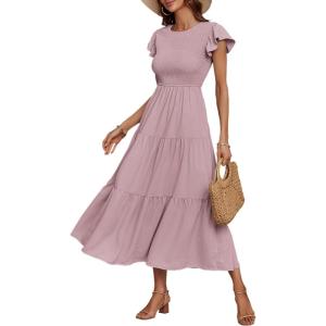 imageECOWISH Womens Summer Dresses 2025 Elegant Lady Wedding Guest Cocktail Ruffle Cap Sleeves ALine Office Midi Dress297 Pink