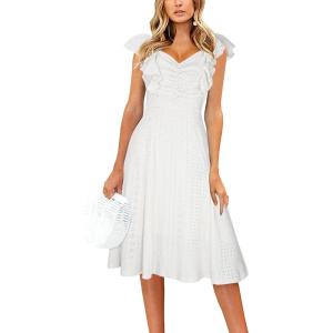 imageECOWISH Womens Summer Dresses 2025 Elegant Lady Wedding Guest Cocktail Ruffle Cap Sleeves ALine Office Midi Dress3444 White