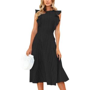 imageECOWISH Womens Summer Dresses 2025 Elegant Lady Wedding Guest Cocktail Ruffle Cap Sleeves ALine Office Midi DressBlack