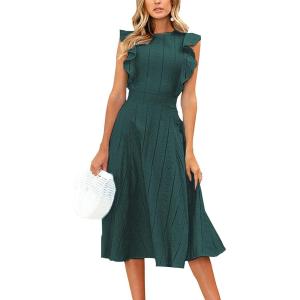 imageECOWISH Womens Summer Dresses 2025 Elegant Lady Wedding Guest Cocktail Ruffle Cap Sleeves ALine Office Midi DressBlackish Green