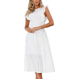 imageECOWISH Womens Summer Dresses 2025 Elegant Lady Wedding Guest Cocktail Ruffle Cap Sleeves ALine Office Midi DressWhite