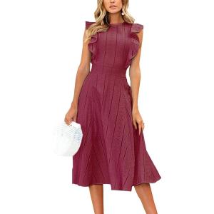 imageECOWISH Womens Summer Dresses 2025 Elegant Lady Wedding Guest Cocktail Ruffle Cap Sleeves ALine Office Midi DressWine Red