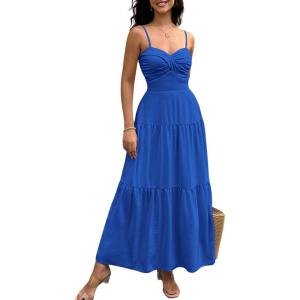 imageECOWISH Womens Summer Strapless Maxi Dress 2025 Off Shoulder Hollow Out Smocked A Line Tube Tiered Long Dresses3447 Blue