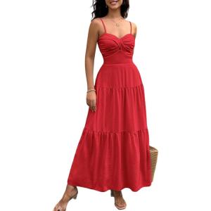 imageECOWISH Womens Summer Strapless Maxi Dress 2025 Off Shoulder Hollow Out Smocked A Line Tube Tiered Long Dresses3447 Red
