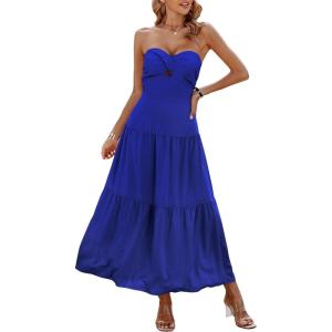 imageECOWISH Womens Summer Strapless Maxi Dress 2025 Off Shoulder Hollow Out Smocked A Line Tube Tiered Long DressesBlue