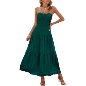 imageECOWISH Womens Summer Strapless Maxi Dress 2025 Off Shoulder Hollow Out Smocked A Line Tube Tiered Long DressesDark Green