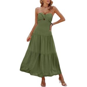 imageECOWISH Womens Summer Strapless Maxi Dress 2025 Off Shoulder Hollow Out Smocked A Line Tube Tiered Long DressesLight Green