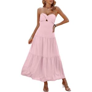 imageECOWISH Womens Summer Strapless Maxi Dress 2025 Off Shoulder Hollow Out Smocked A Line Tube Tiered Long DressesLight Pink