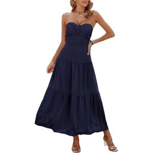 imageECOWISH Womens Summer Strapless Maxi Dress 2025 Off Shoulder Hollow Out Smocked A Line Tube Tiered Long DressesNavy
