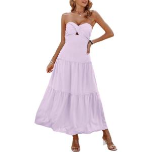 imageECOWISH Womens Summer Strapless Maxi Dress 2025 Off Shoulder Hollow Out Smocked A Line Tube Tiered Long DressesPurple