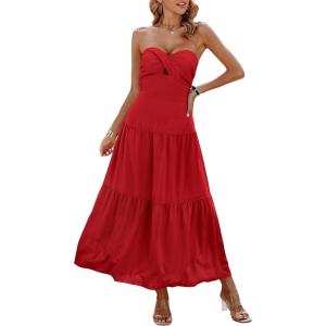 imageECOWISH Womens Summer Strapless Maxi Dress 2025 Off Shoulder Hollow Out Smocked A Line Tube Tiered Long DressesRed