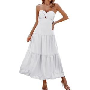 imageECOWISH Womens Summer Strapless Maxi Dress 2025 Off Shoulder Hollow Out Smocked A Line Tube Tiered Long DressesWhite