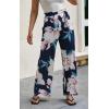 imageECOWISH Wide Leg Pants for Women Summer 2025 Palazzo Tropical Floral Casual High Waist Flared Trousers with Pockets185 Navy Blue Leaf Pink Flower