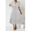 imageECOWISH Women Summer Casual Dress  V Neck Short Sleeve Gingham Midi Pleated Tiered Loose Fit Holiday Picnic DressesBlack White