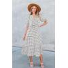 imageECOWISH Women Summer Casual Dress  V Neck Short Sleeve Gingham Midi Pleated Tiered Loose Fit Holiday Picnic DressesBlack White