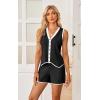 imageECOWISH Women Two Piece Outfits Summer Knit Striped Lounge Matching Set Sleeveless Button Down Tank Top and Shorts PajamasSolid Black
