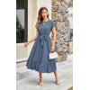 imageECOWISH Womens Casual Midi Dresses Solid V Neck Short Sleeve Button Shirt Belted Dress with Pockets for Spring Summer 2025449 Grey Blue