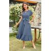 imageECOWISH Womens Casual Midi Dresses Solid V Neck Short Sleeve Button Shirt Belted Dress with Pockets for Spring Summer 2025449 Grey Blue