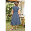 imageECOWISH Womens Casual Midi Dresses Solid V Neck Short Sleeve Button Shirt Belted Dress with Pockets for Spring Summer 2025449 Grey Blue