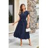 imageECOWISH Womens Casual Midi Dresses Solid V Neck Short Sleeve Button Shirt Belted Dress with Pockets for Spring Summer 2025449 Navy Blue