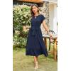 imageECOWISH Womens Casual Midi Dresses Solid V Neck Short Sleeve Button Shirt Belted Dress with Pockets for Spring Summer 2025449 Navy Blue