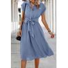 imageECOWISH Womens Casual Midi Dresses Solid V Neck Short Sleeve Button Shirt Belted Dress with Pockets for Spring Summer 2025Ablue