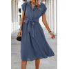 imageECOWISH Womens Casual Midi Dresses Solid V Neck Short Sleeve Button Shirt Belted Dress with Pockets for Spring Summer 2025Agray Blue