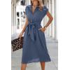 imageECOWISH Womens Casual Midi Dresses Solid V Neck Short Sleeve Button Shirt Belted Dress with Pockets for Spring Summer 2025Agray Blue