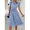 imageECOWISH Womens Casual Midi Dresses Solid V Neck Short Sleeve Button Shirt Belted Dress with Pockets for Spring Summer 2025Alight Blue