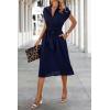 imageECOWISH Womens Casual Midi Dresses Solid V Neck Short Sleeve Button Shirt Belted Dress with Pockets for Spring Summer 2025Anavy Blue