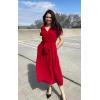 imageECOWISH Womens Casual Midi Dresses Solid V Neck Short Sleeve Button Shirt Belted Dress with Pockets for Spring Summer 2025Ared
