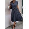 imageECOWISH Womens Casual Midi Dresses Solid V Neck Short Sleeve Button Shirt Belted Dress with Pockets for Spring Summer 2025Bgray Blue