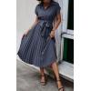 imageECOWISH Womens Casual Midi Dresses Solid V Neck Short Sleeve Button Shirt Belted Dress with Pockets for Spring Summer 2025Bgray Blue