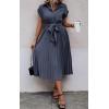 imageECOWISH Womens Casual Midi Dresses Solid V Neck Short Sleeve Button Shirt Belted Dress with Pockets for Spring Summer 2025Bgray Blue