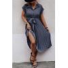 imageECOWISH Womens Casual Midi Dresses Solid V Neck Short Sleeve Button Shirt Belted Dress with Pockets for Spring Summer 2025Bgray Blue