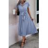 imageECOWISH Womens Casual Midi Dresses Solid V Neck Short Sleeve Button Shirt Belted Dress with Pockets for Spring Summer 2025Blight Blue